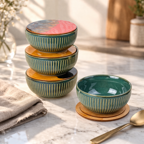 Glam Green Ceramic Bowl Set of 4 with Multipurpose Lids