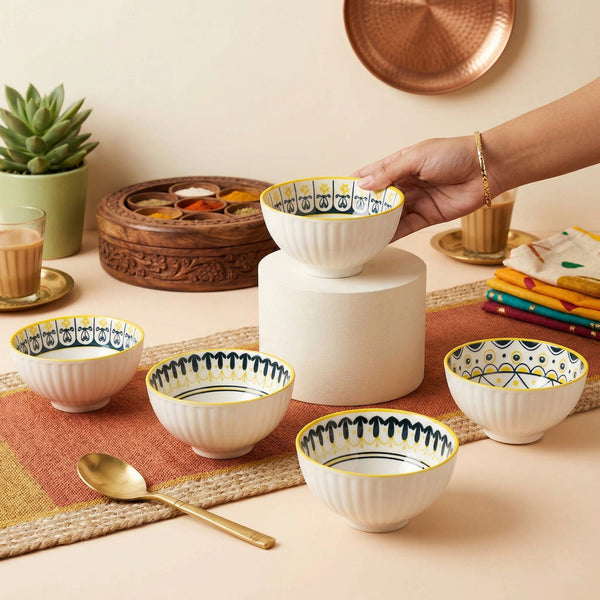 Yellow Floret Ceramic Bowl Set of 6 - 300ml