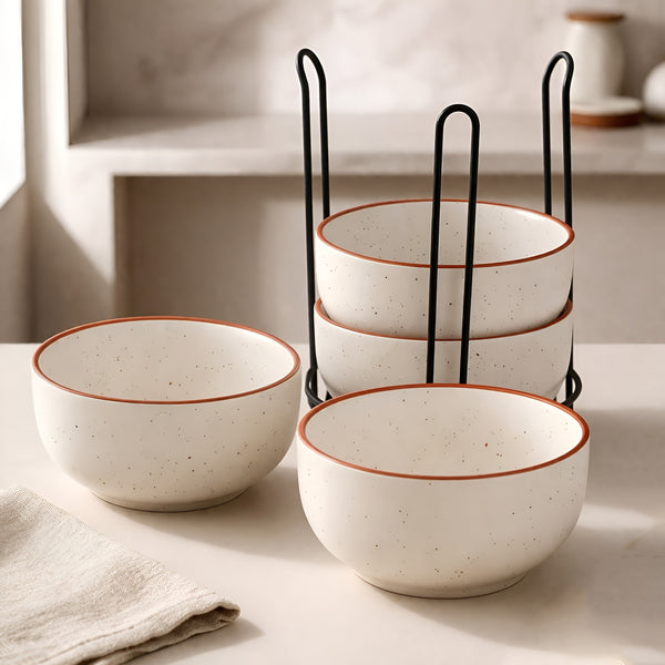 White Marble Ceramic Snack Bowl Set of 4 with Metal Stand