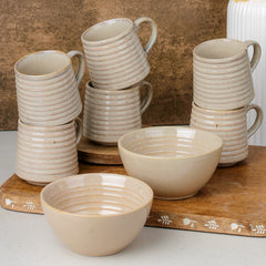 Sage Cream Ceramic Bowls and Tea Cup Combo | Microwave and Dishwasher Safe
