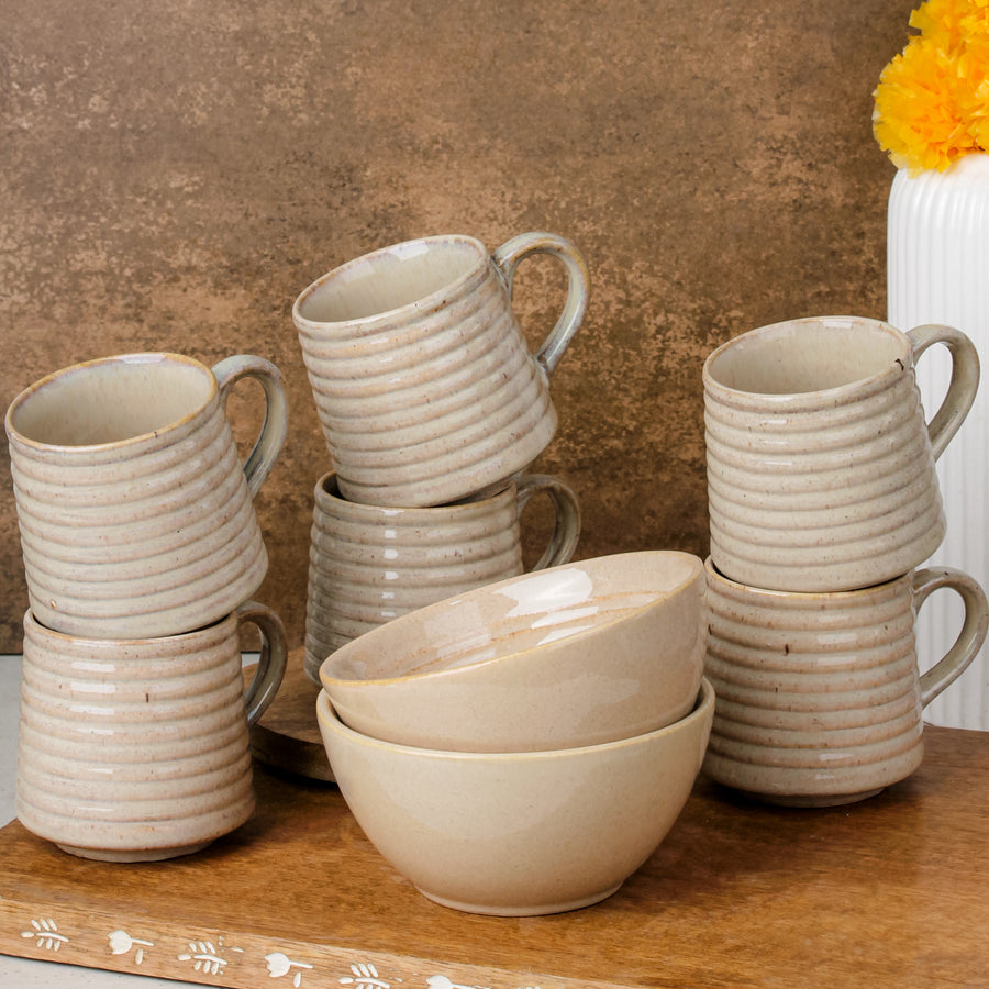 Sage Cream Ceramic Bowls and Tea Cup Combo | Microwave and Dishwasher Safe