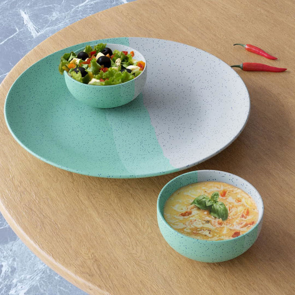 Tritone Green Matte Ceramic Dinner Plate with Serving Bowl - The Earth Store - Dinnerware