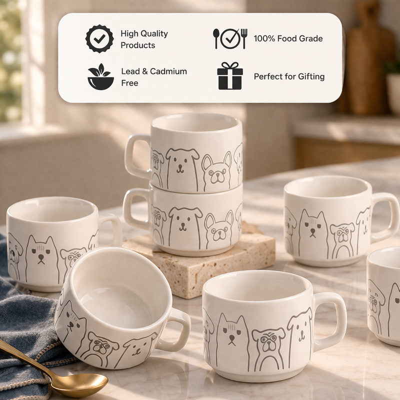 White Pawfect Ceramic Tea Cup Set of 6 (200 ML)