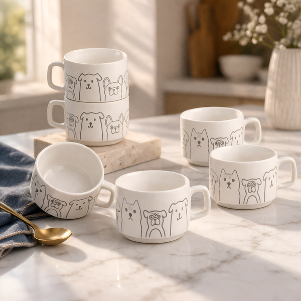 White Pawfect Ceramic Tea Cup Set of 6 (200 ML)
