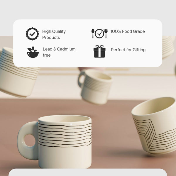 Cream Black Ziggy Ceramic Tea Cup Set of 6, 200 ML Each - The Earth Store - Cup Sets