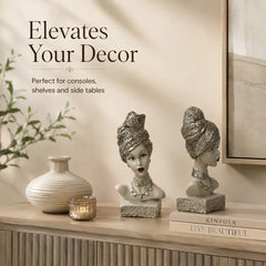 Artistic Ethnic Silver Lady Sculptural Bust Pair – Decorative Statues