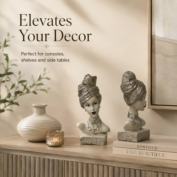Artistic Ethnic Silver Lady Sculptural Bust Pair – Decorative Statues