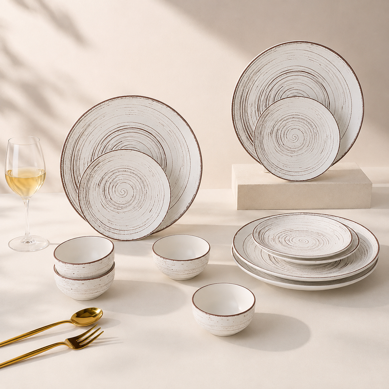 Brown Spiral Ceramic Dinner Set 12 Piece for Family of 4 Plates and Bowls
