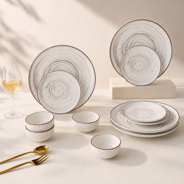 Brown Spiral Ceramic Dinner Set 12 Piece for Family of 4 Plates and Bowls