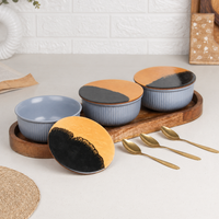 Grey Fringe Ceramic Bowl Serving Set 3 Bowls, 1 Tray, 3 Spoon and 3 Coaster