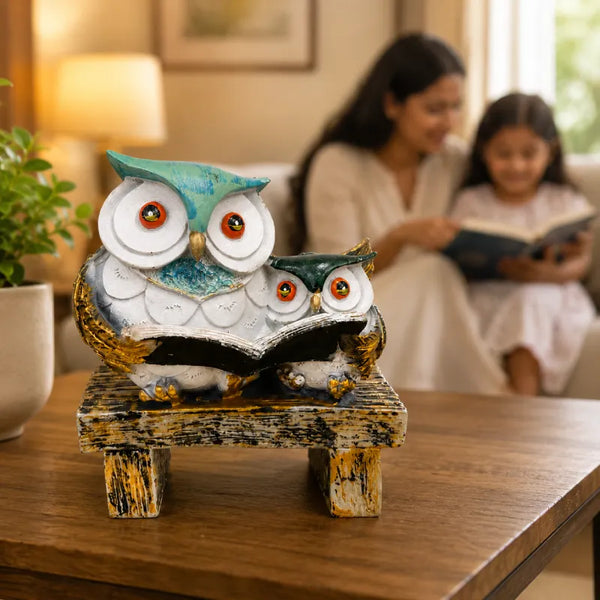 Wisdom & Learning Owl Pair Sculpture on Rustic Bench