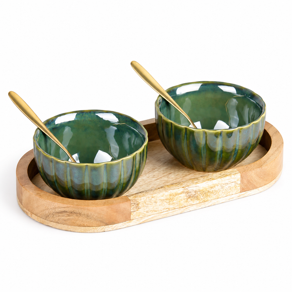 Green Ribbed Ceramic Bowl Serving Set 2 Bowls, 1 Tray, and 2 Spoon