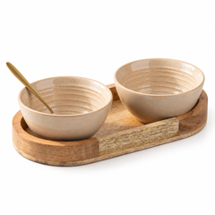 Sage Creamy Ceramic Bowl Serving Set 2 Bowls, 1 Tray, and 2 Spoon