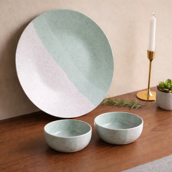 Tritone Green Matte Ceramic Dinner Plate with 2 Serving Bowl