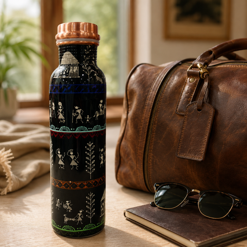 Warli Art Copper Water Bottle | Handcrafted Tribal Design | 900ml