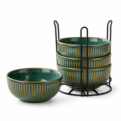 Glam Green Ceramic Bowl Set with Stand (4 Pcs)