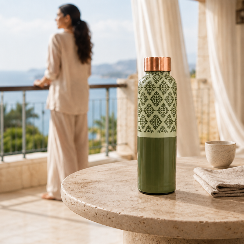 Sage Lattice Copper Water Bottle | Handcrafted Damask Design | 900ml