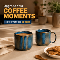 Glam Blue Fringe Stackable Ceramic Tea Cup Set of 6, 160 ML
