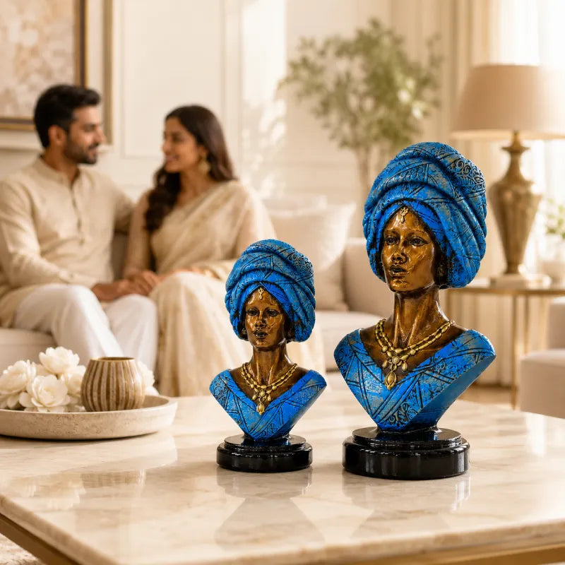 Majestic Bronze & Blue Sculptural Bust Pair (Set of 2)
