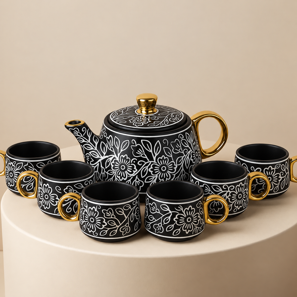 Black Artvine Ceramic Tea Set with Kettle & 6 Cups