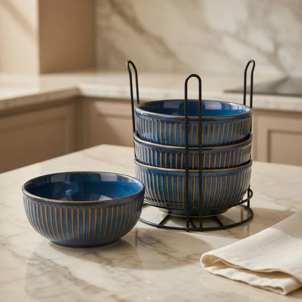 Glam Blue Ceramic Bowl Set of 4 with Stand