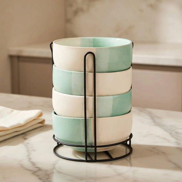 Tritone Green Ceramic Bowl Set of 4 with Metal Stand (500ml)