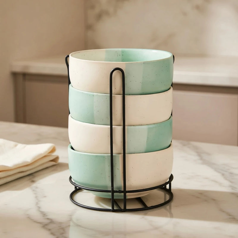 Tritone Green Ceramic Bowl Set of 4 with Metal Stand (500ml)