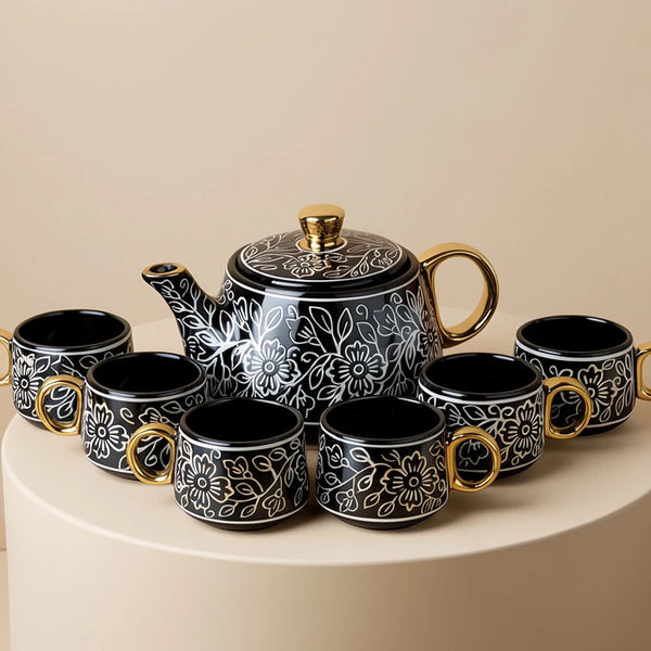 Black Artvine Ceramic Tea Set with Kettle & 6 Cups