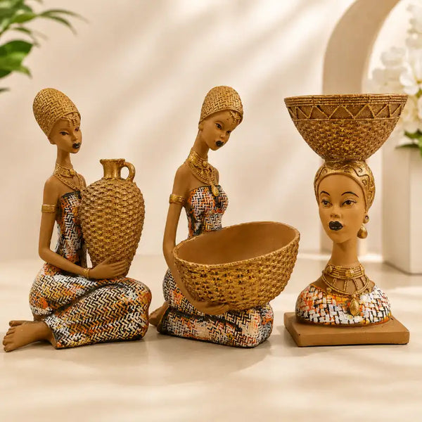 Artistic Ethnic Gold Lady Figurine Set – Decorative Tabletop Trio