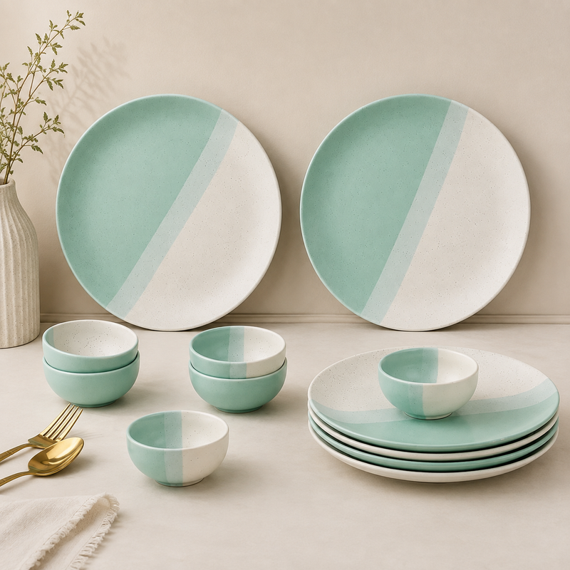 TT Green Matte Ceramic Dinner 6 Full Dinner Plates, 6 Vegetable Bowls Set of 12pcs
