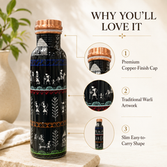 Warli Art Copper Water Bottle | Handcrafted Tribal Design | 900ml