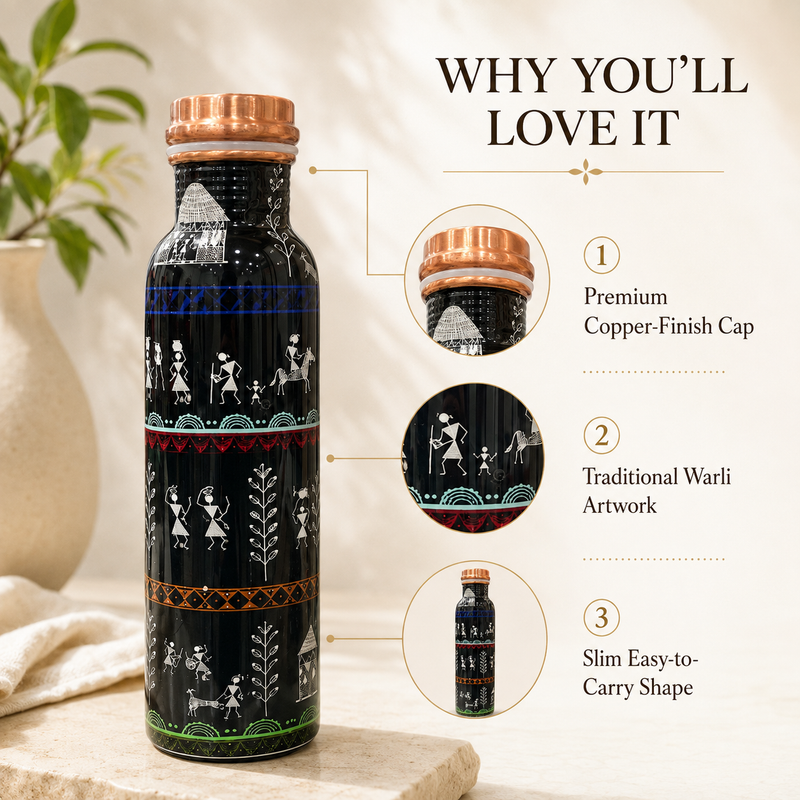 Warli Art Copper Water Bottle | Handcrafted Tribal Design | 900ml
