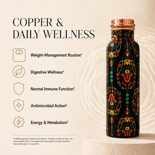 Himalayan Village Copper Water Bottle | Kashmiri Floral Art | 900ml