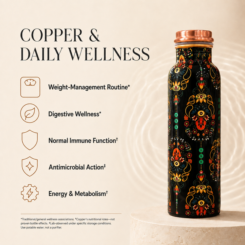 Himalayan Village Copper Water Bottle | Kashmiri Floral Art | 900ml