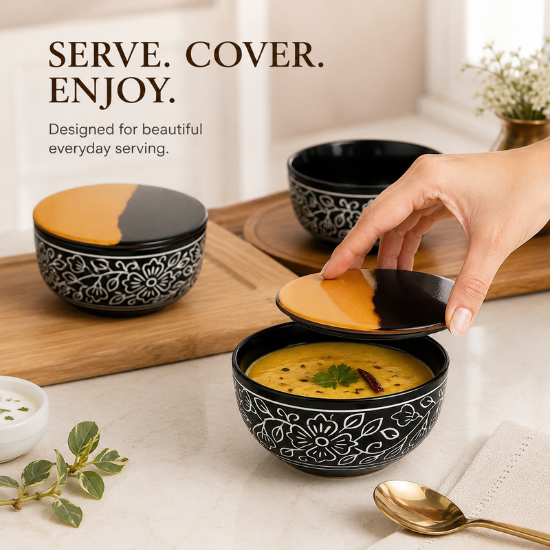Black Artvine Ceramic Bowl Set with Wooden Lids (4 Pcs)
