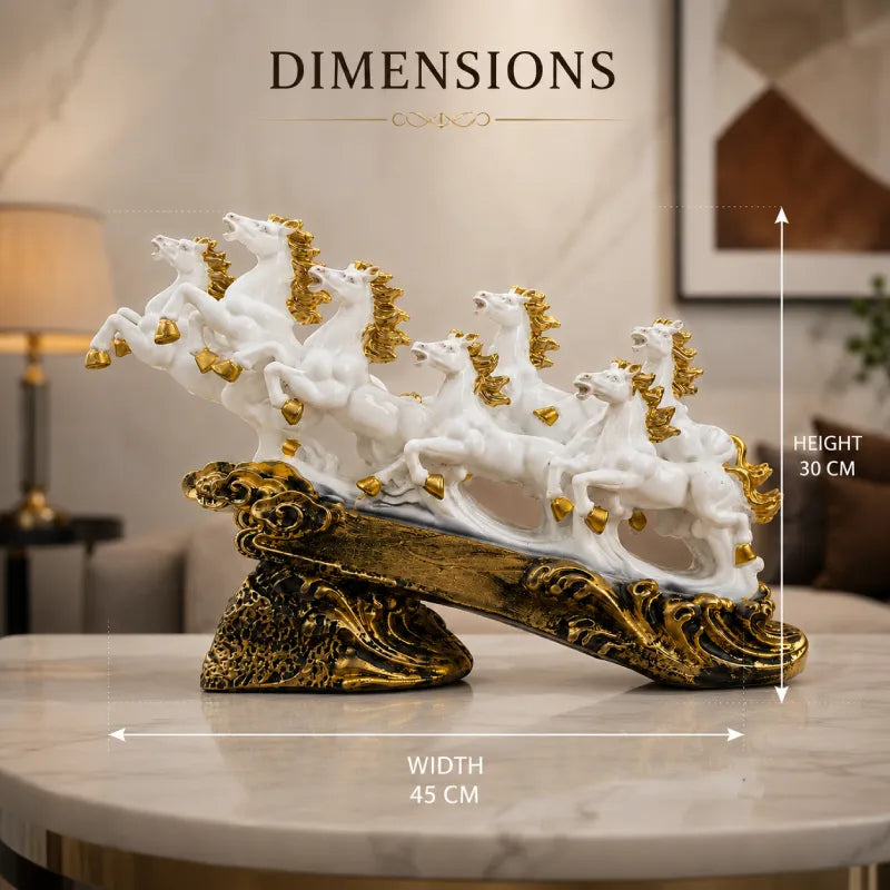 Majestic White & Gold Galloping 7 Horse Sculpture