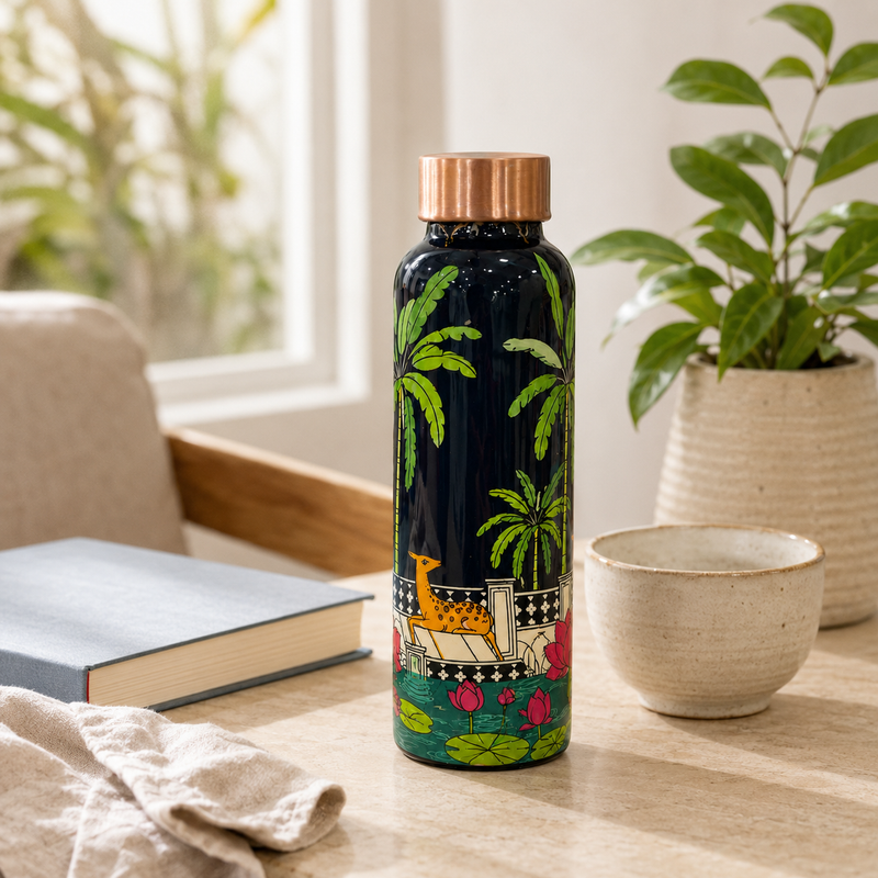 Palm Grove Copper Water Bottle | Pichwai Art Design | 900ml