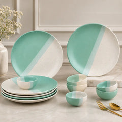 TT Green Matte Ceramic Dinner 6 Full Dinner Plates, 6 Vegetable Bowls Set of 12pcs
