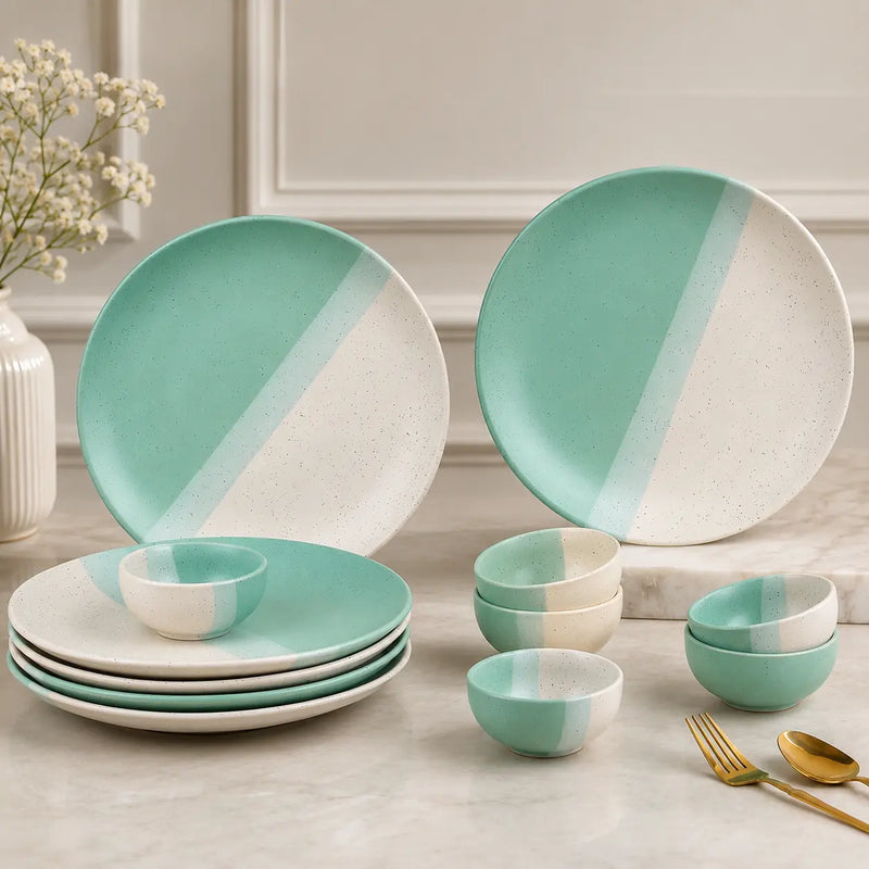 TT Green Matte Ceramic Dinner 6 Full Dinner Plates, 6 Vegetable Bowls Set of 12pcs