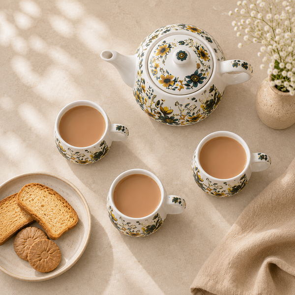 Botanical Meadow Ceramic Tea Set – 1000ML Teapot & 6 Cups