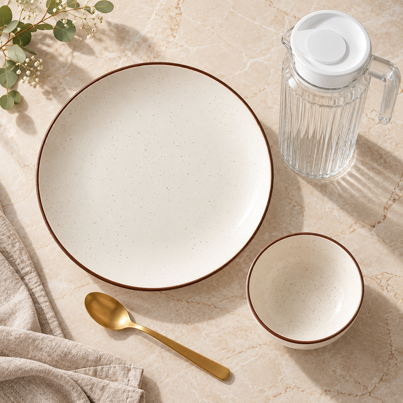 Creme Ceramic Dinner Set (25 Pieces) Service for 6 with 6 Dinner Plates, 12 Bowls, 6 Spoons & 1 Jug