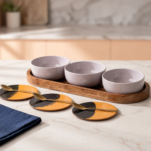 Solid Lavender Ceramic Bowls Serving Set – 3 Bowls, 3 Coaster, 3 Spoon and 1 Tray