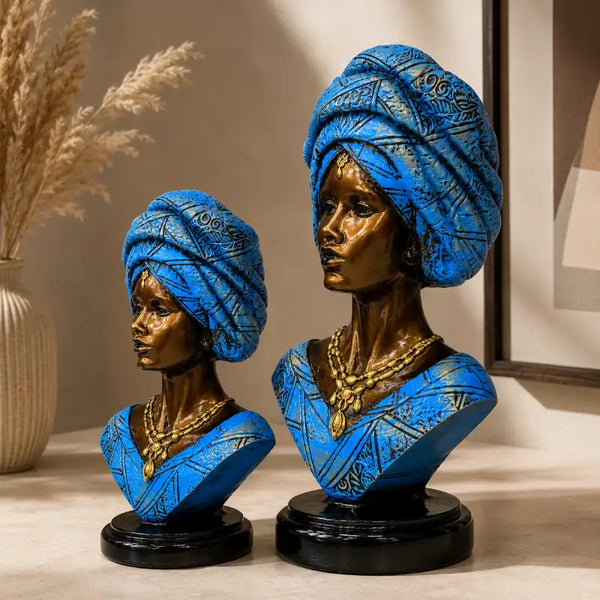 Majestic Bronze & Blue Sculptural Bust Pair (Set of 2)