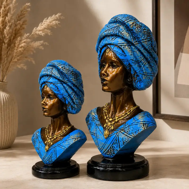 Majestic Bronze & Blue Sculptural Bust Pair (Set of 2)