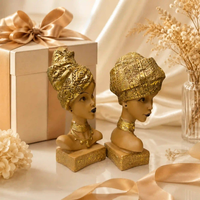 Artistic African Lady Sculptural Bust Pair – Decorative Gold Statues Set of 2