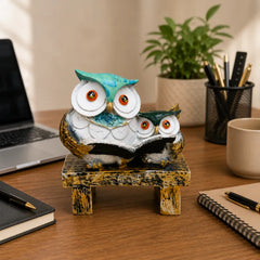 Wisdom & Learning Owl Pair Sculpture on Rustic Bench