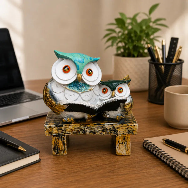Wisdom & Learning Owl Pair Sculpture on Rustic Bench