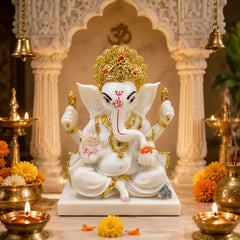 Ganesha: Premium Marble-Finish Idol with Gold Accents