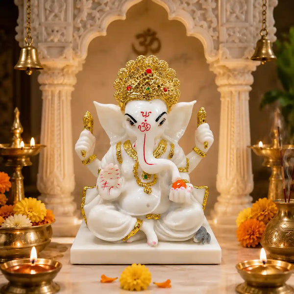 Ganesha: Premium Marble-Finish Idol with Gold Accents