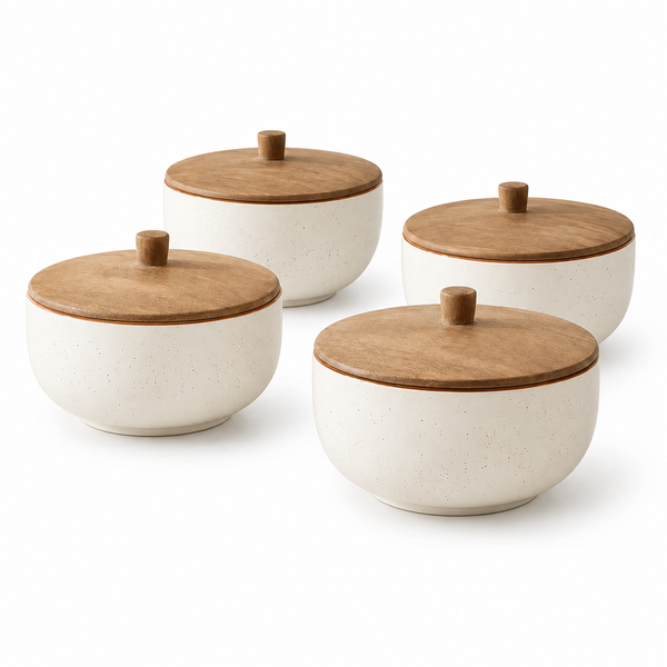 White Marble Ceramic Bowl Set with Wooden Lids (4 Pcs)